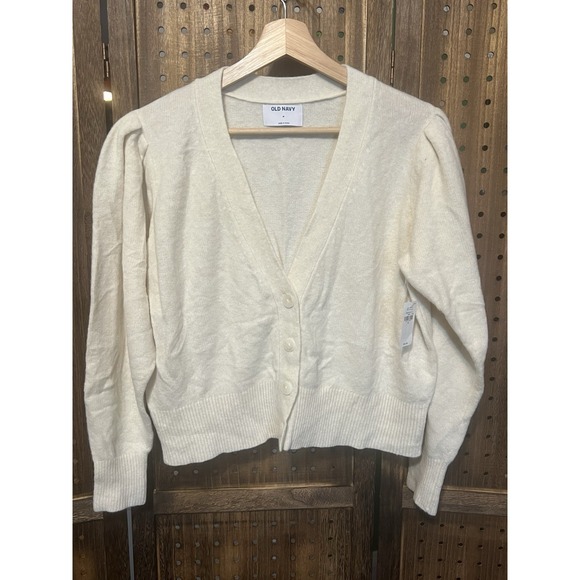 Old Navy Sweaters - Old Navy Cream Long Puff Sleeve Cardigan Sweater Womens Medium NWT Coquette